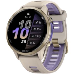 Часы Garmin Forerunner 970 — Soft Gold Titanium with French Gray Case and French Gray/Translucent Indigo Band